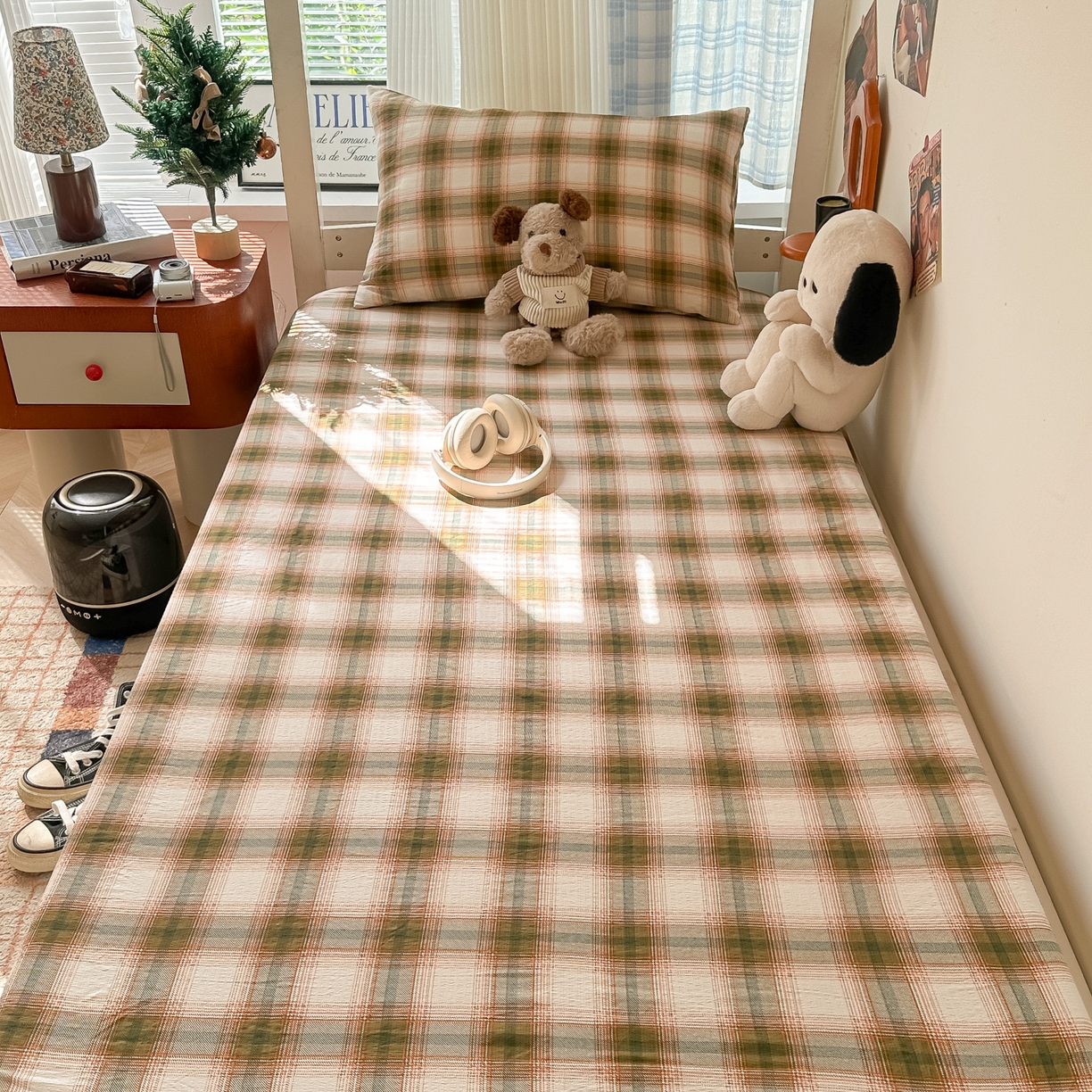 91家纺网 家纺一手货源 找家纺 韩巢家纺 2025新款上下铺双层纱学生宿舍寝室格子复古风床笠单件高低床防滑床单床套 葵野