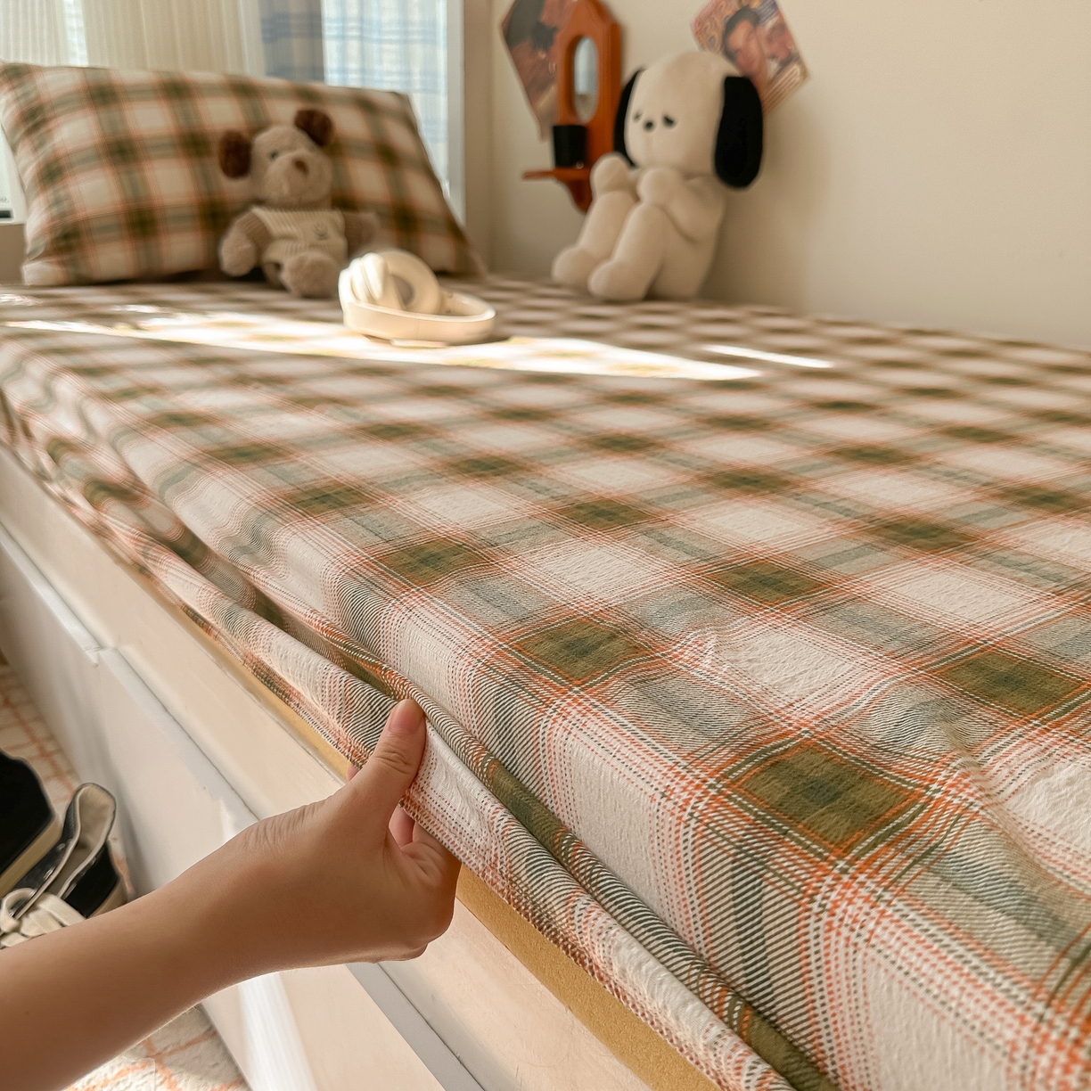 91家纺网 家纺一手货源 找家纺 韩巢家纺 2025新款上下铺双层纱学生宿舍寝室格子复古风床笠单件高低床防滑床单床套 葵野