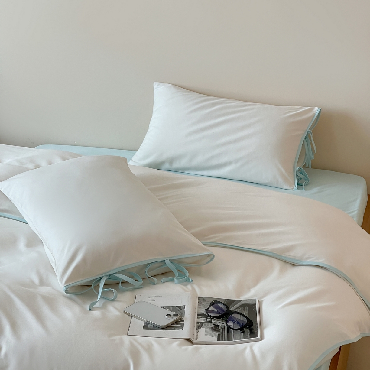 尺素 2025新款纯色纯棉简约韩式ins风四件套民宿风全棉被套棉床单双人被套加大床单1.8纯色床笠 初雪-水蓝