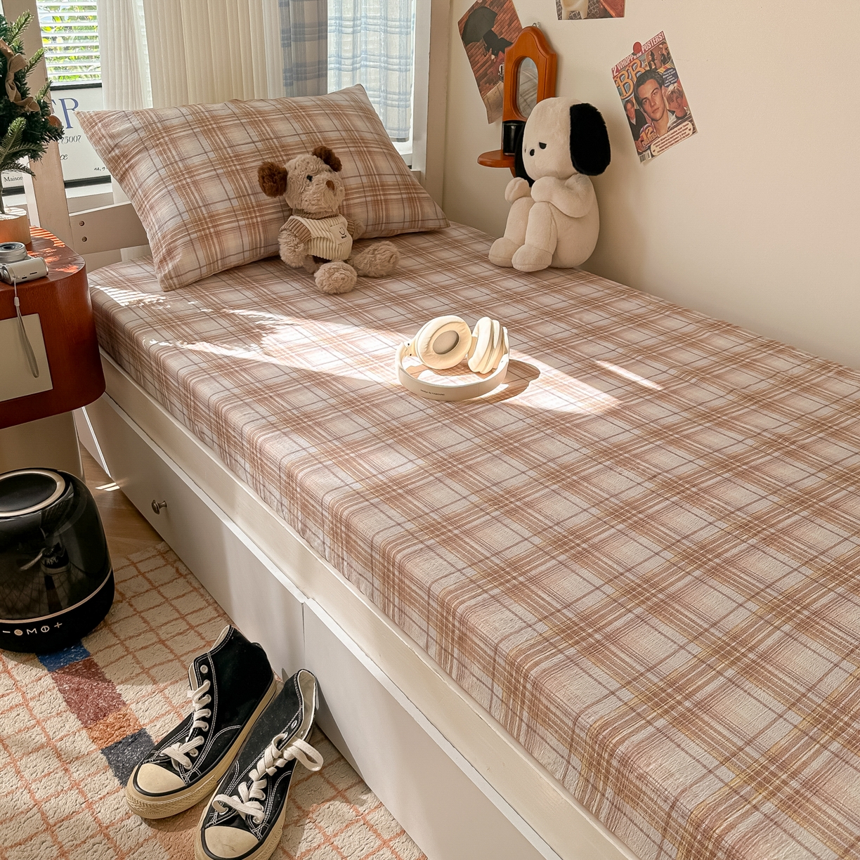 91家纺网 家纺一手货源 找家纺 韩巢家纺 2025新款上下铺双层纱学生宿舍寝室格子复古风床笠单件高低床防滑床单床套 鹿灵