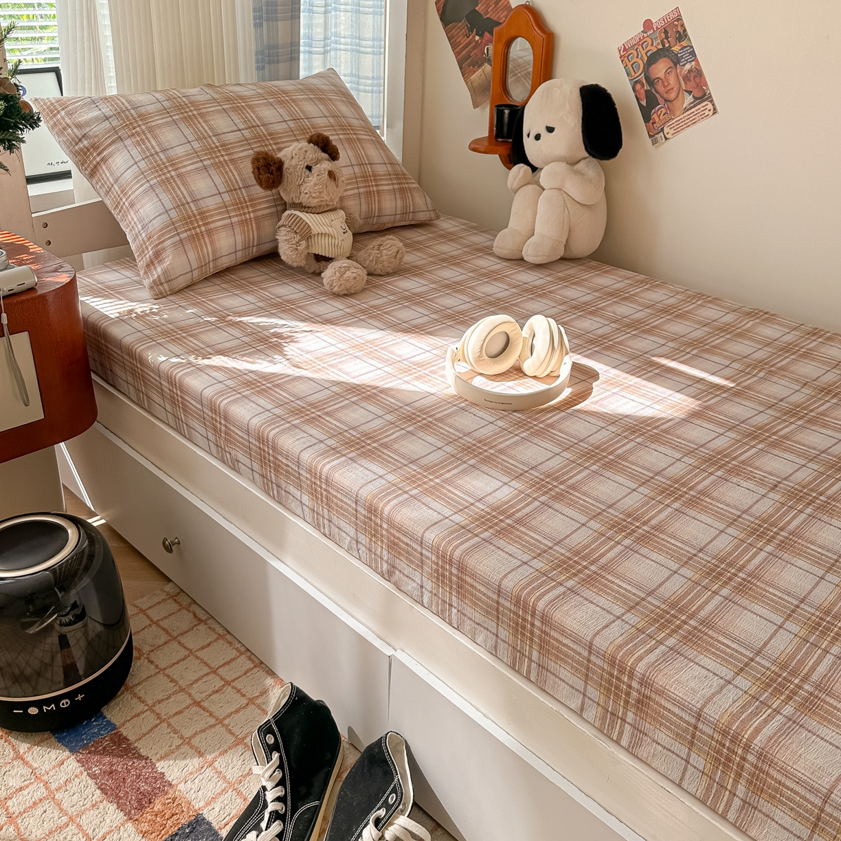 91家纺网 家纺一手货源 找家纺 韩巢家纺 2025新款上下铺双层纱学生宿舍寝室格子复古风床笠单件高低床防滑床单床套 鹿灵