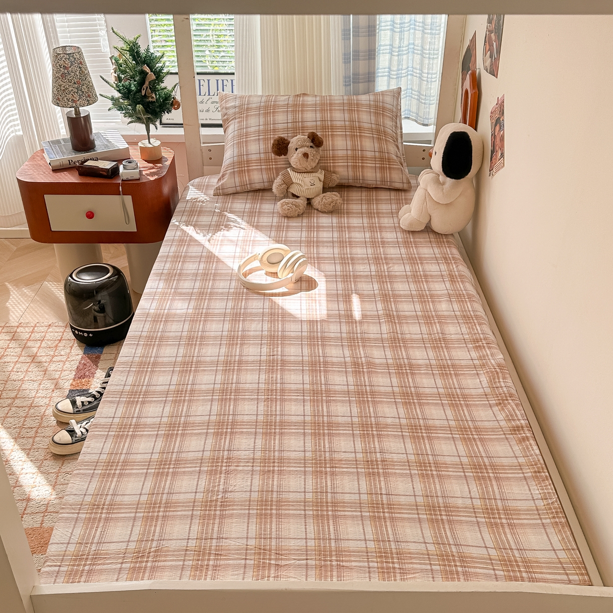 91家纺网 家纺一手货源 找家纺 韩巢家纺 2025新款上下铺双层纱学生宿舍寝室格子复古风床笠单件高低床防滑床单床套 鹿灵