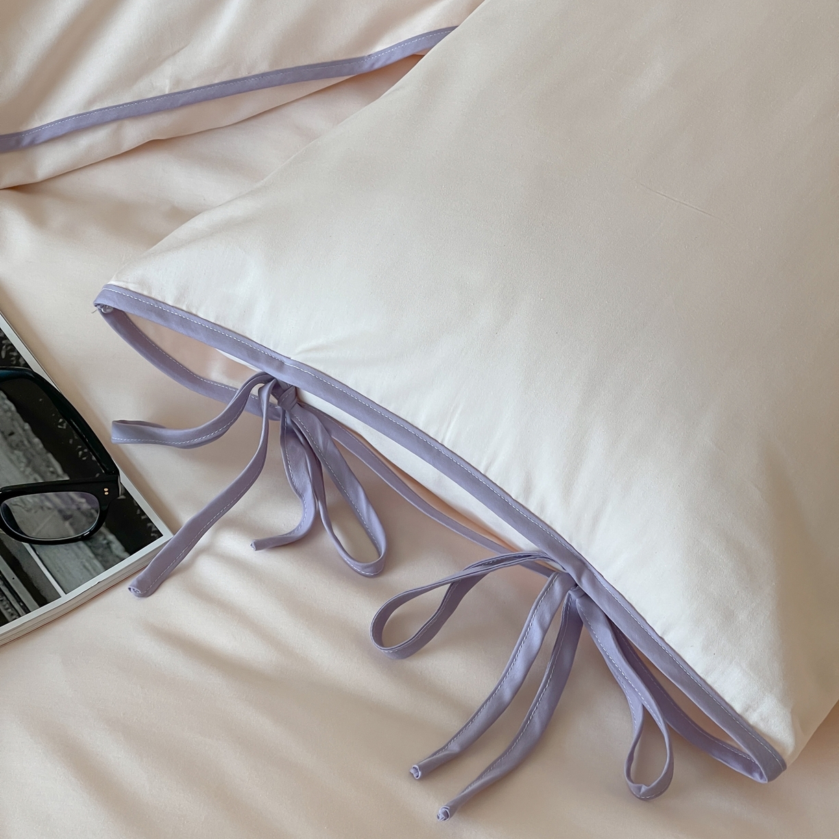 91家纺网 家纺一手货源 找家纺 尺素 2025新款纯色纯棉简约韩式ins风四件套民宿风全棉被套棉床单双人被套加大床单1.8纯色床笠 粉黛-奶黄