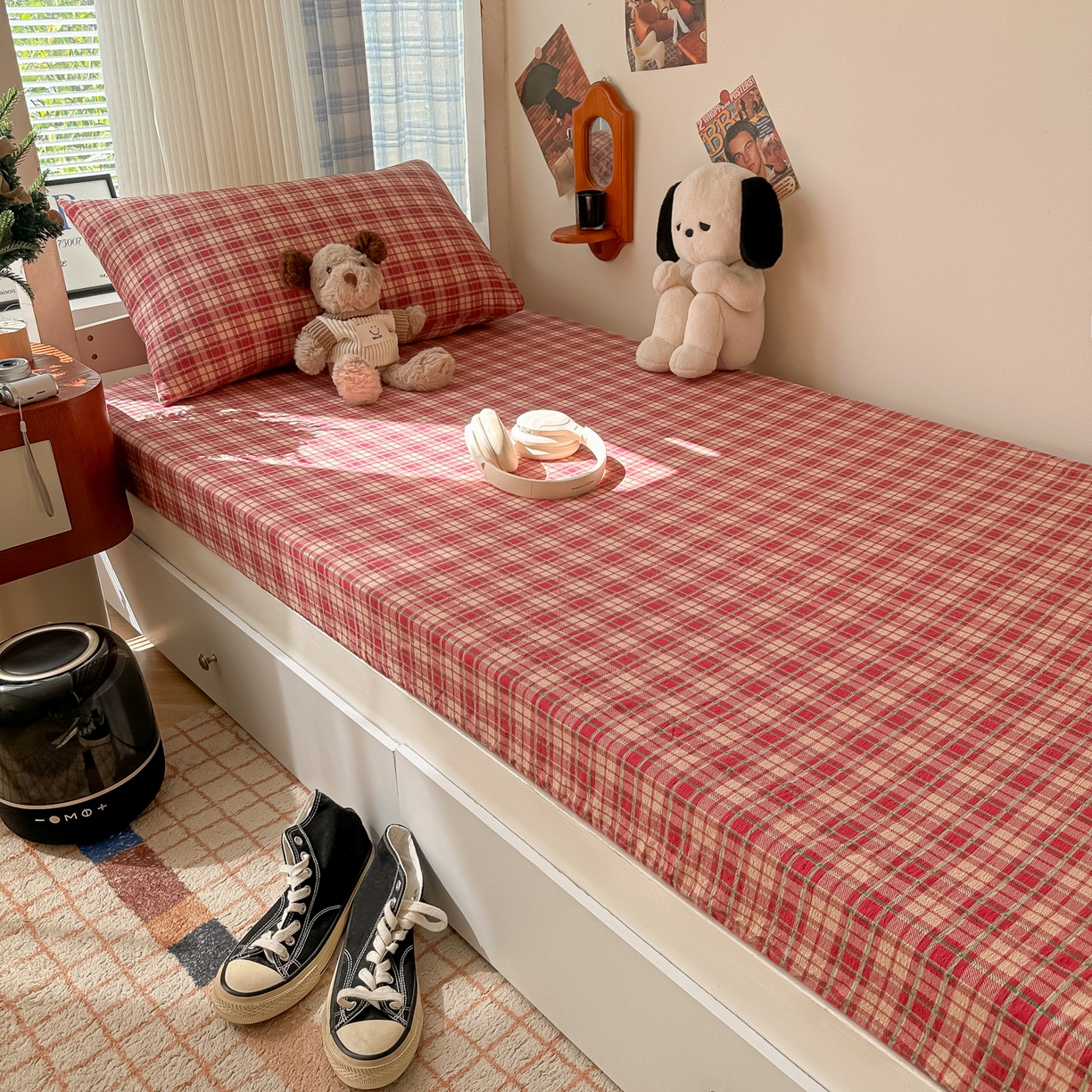 91家纺网 家纺一手货源 找家纺 韩巢家纺 2025新款上下铺双层纱学生宿舍寝室格子复古风床笠单件高低床防滑床单床套 圣诞