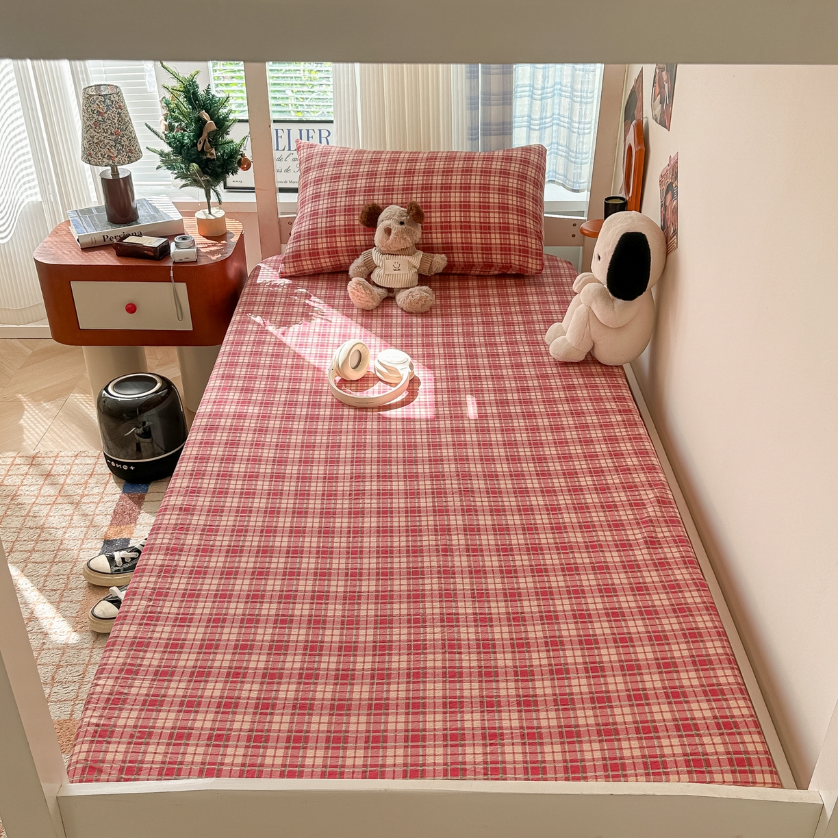 91家纺网 家纺一手货源 找家纺 韩巢家纺 2025新款上下铺双层纱学生宿舍寝室格子复古风床笠单件高低床防滑床单床套 圣诞