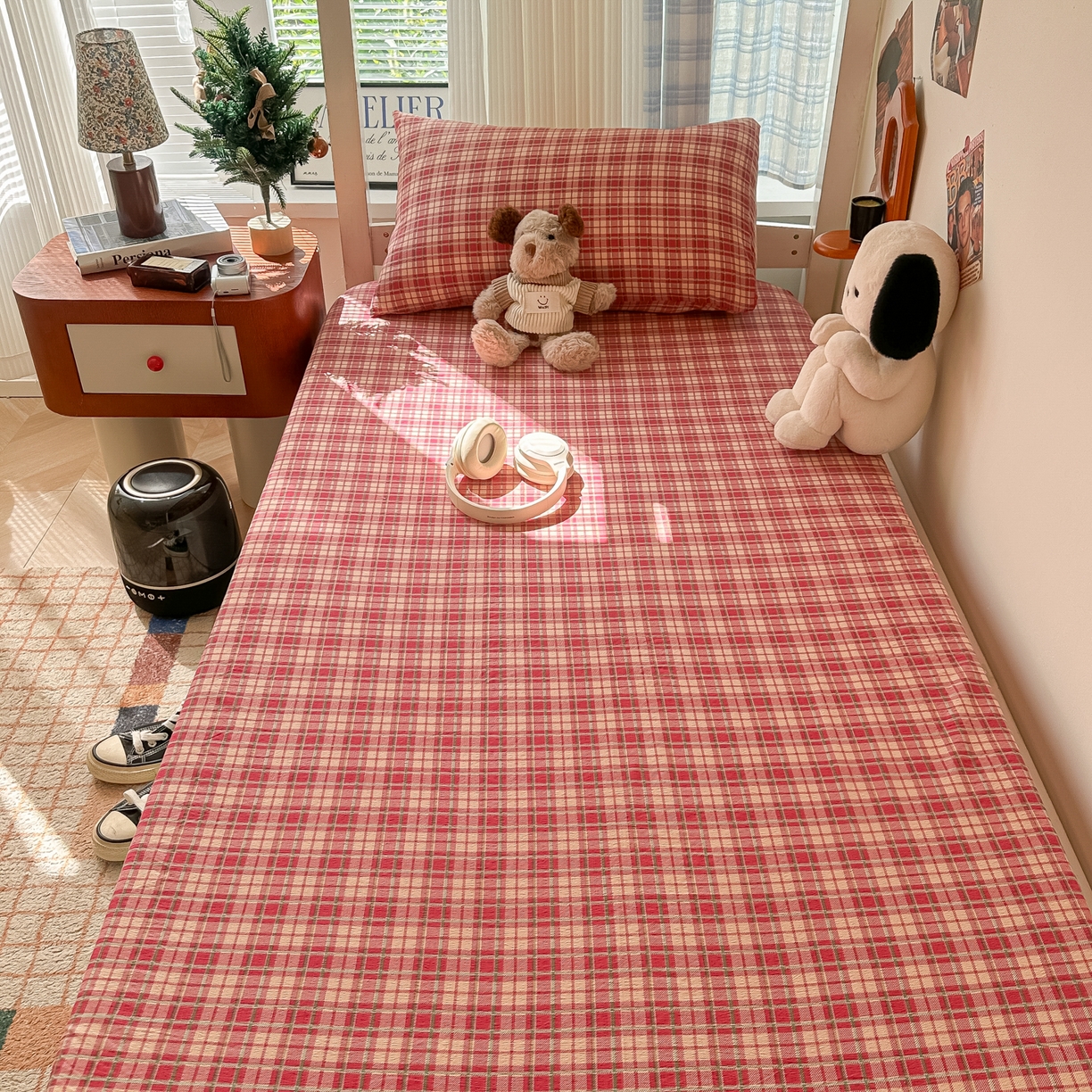 91家纺网 家纺一手货源 找家纺 韩巢家纺 2025新款上下铺双层纱学生宿舍寝室格子复古风床笠单件高低床防滑床单床套 圣诞