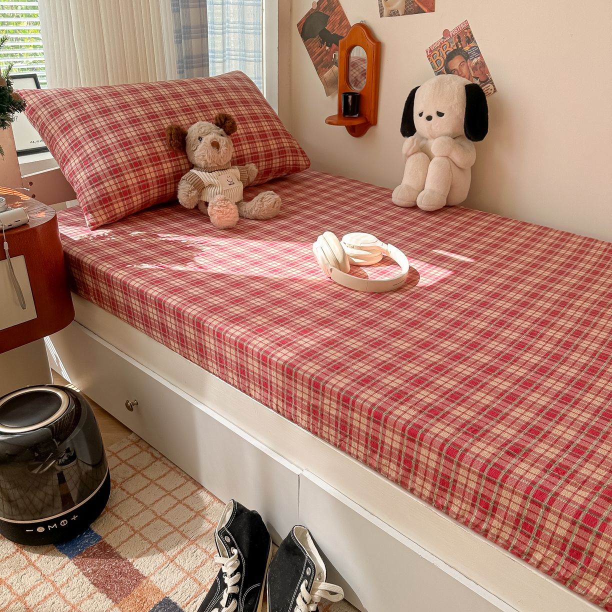 91家纺网 家纺一手货源 找家纺 韩巢家纺 2025新款上下铺双层纱学生宿舍寝室格子复古风床笠单件高低床防滑床单床套 圣诞