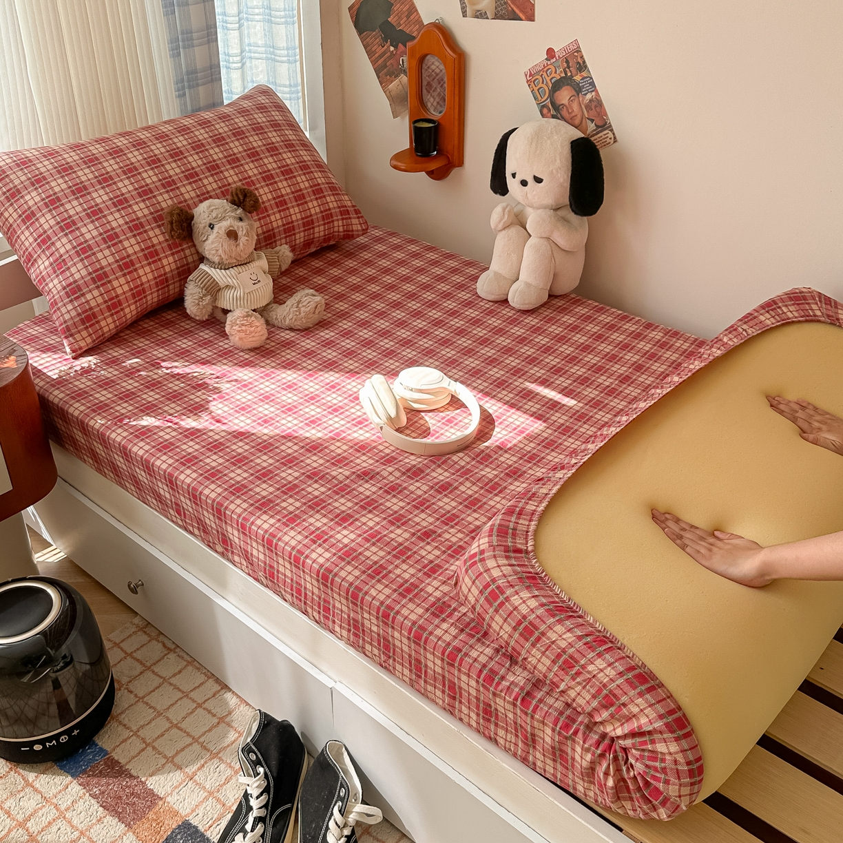 91家纺网 家纺一手货源 找家纺 韩巢家纺 2025新款上下铺双层纱学生宿舍寝室格子复古风床笠单件高低床防滑床单床套 圣诞