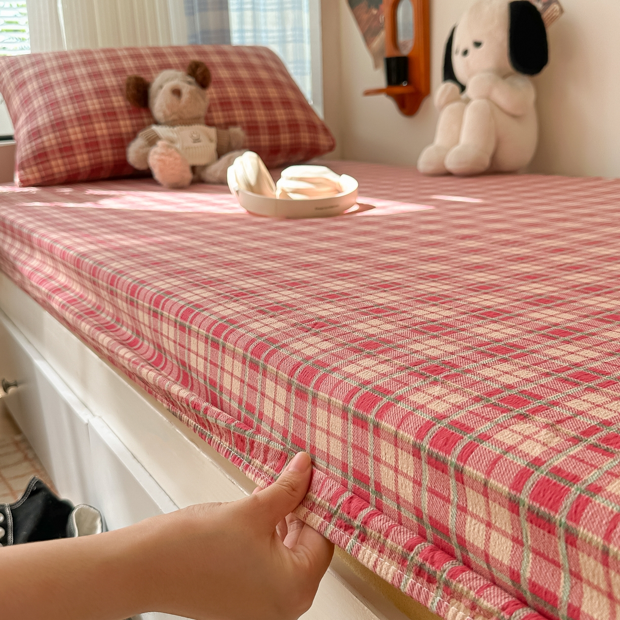 91家纺网 家纺一手货源 找家纺 韩巢家纺 2025新款上下铺双层纱学生宿舍寝室格子复古风床笠单件高低床防滑床单床套 圣诞