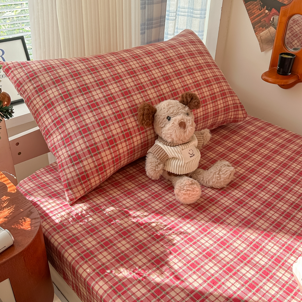 91家纺网 家纺一手货源 找家纺 韩巢家纺 2025新款上下铺双层纱学生宿舍寝室格子复古风床笠单件高低床防滑床单床套 圣诞