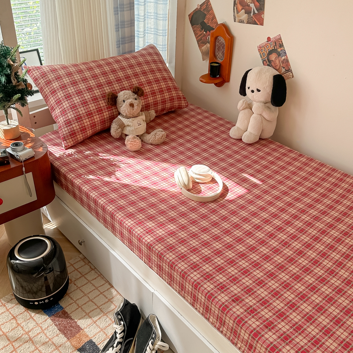 91家纺网 家纺一手货源 找家纺 韩巢家纺 2025新款上下铺双层纱学生宿舍寝室格子复古风床笠单件高低床防滑床单床套 圣诞