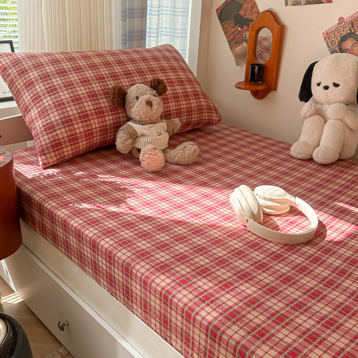 91家纺网 家纺一手货源 找家纺 韩巢家纺 2025新款上下铺双层纱学生宿舍寝室格子复古风床笠单件高低床防滑床单床套 圣诞