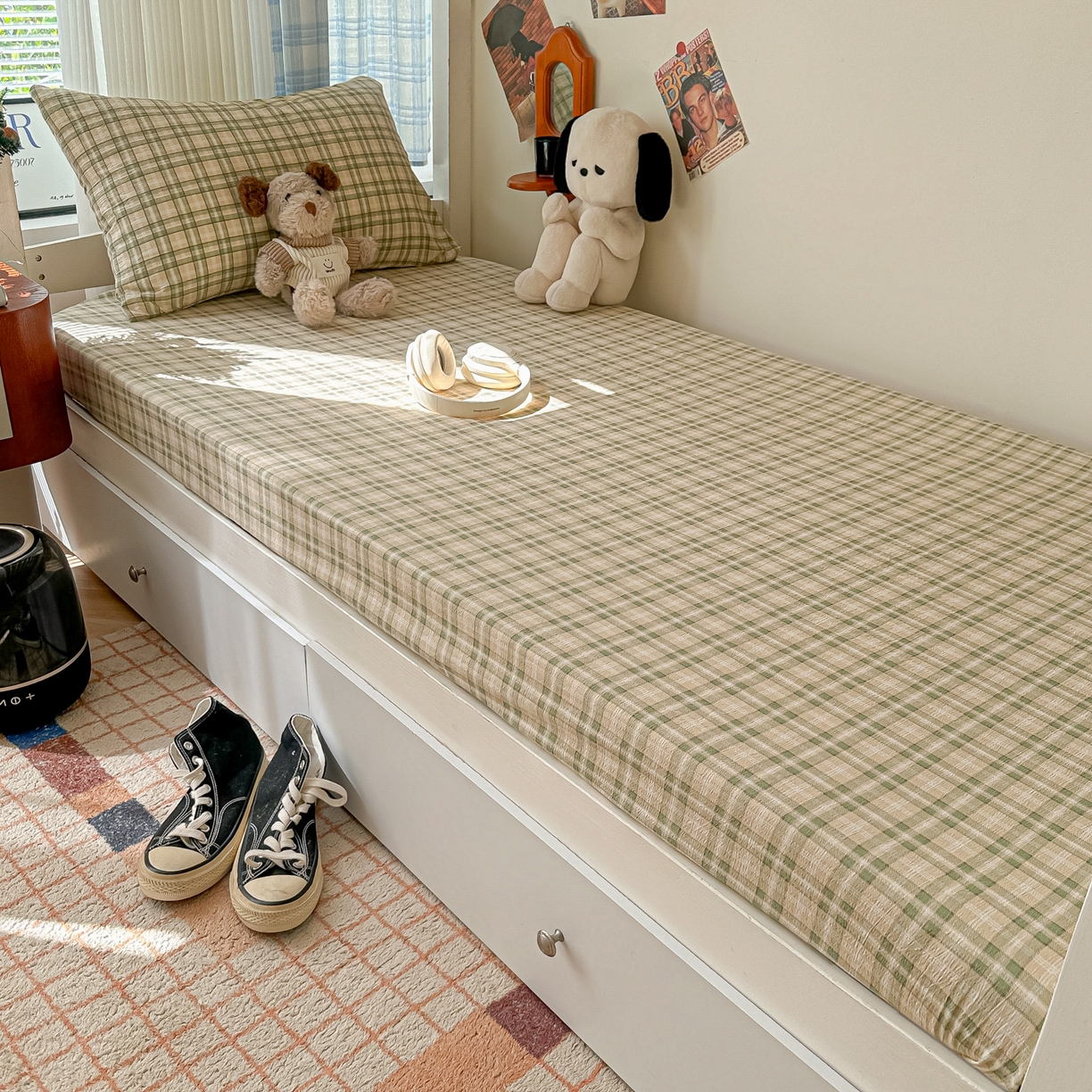 91家纺网 家纺一手货源 找家纺 韩巢家纺 2025新款上下铺双层纱学生宿舍寝室格子复古风床笠单件高低床防滑床单床套 松野