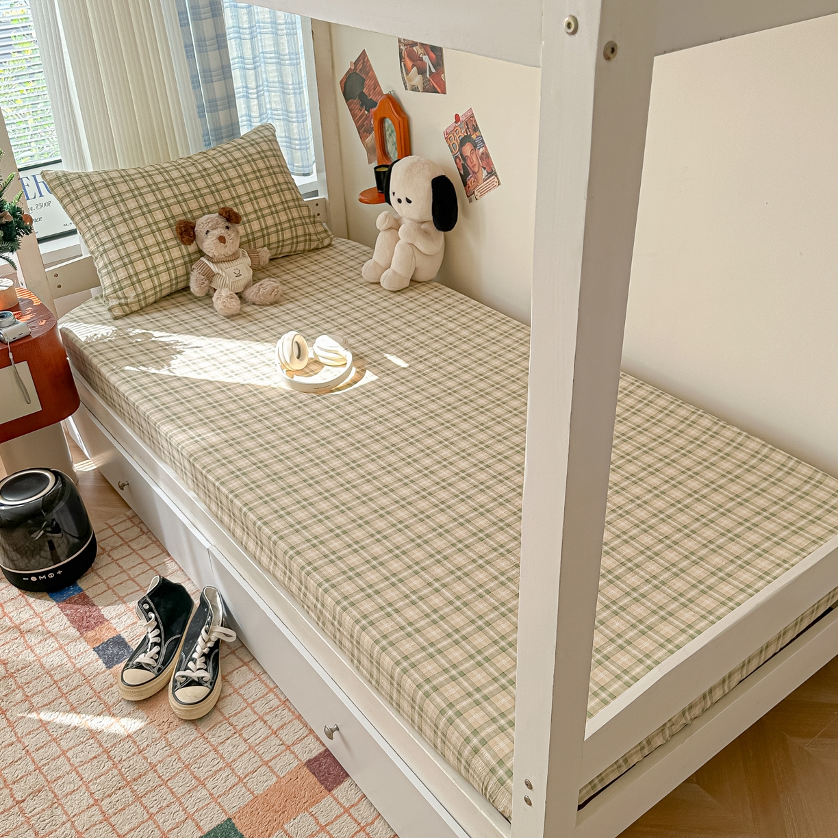 91家纺网 家纺一手货源 找家纺 韩巢家纺 2025新款上下铺双层纱学生宿舍寝室格子复古风床笠单件高低床防滑床单床套 松野