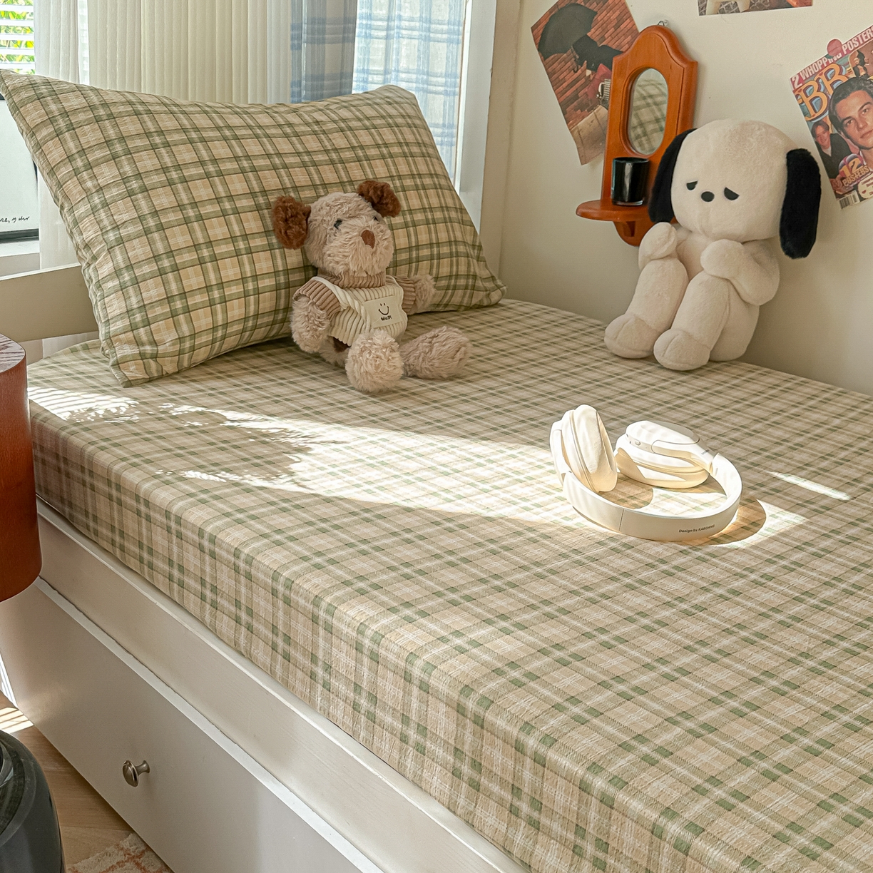 91家纺网 家纺一手货源 找家纺 韩巢家纺 2025新款上下铺双层纱学生宿舍寝室格子复古风床笠单件高低床防滑床单床套 松野