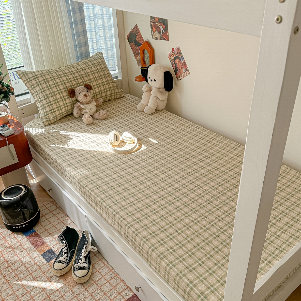 91家纺网 家纺一手货源 找家纺 韩巢家纺 2025新款上下铺双层纱学生宿舍寝室格子复古风床笠单件高低床防滑床单床套 松野