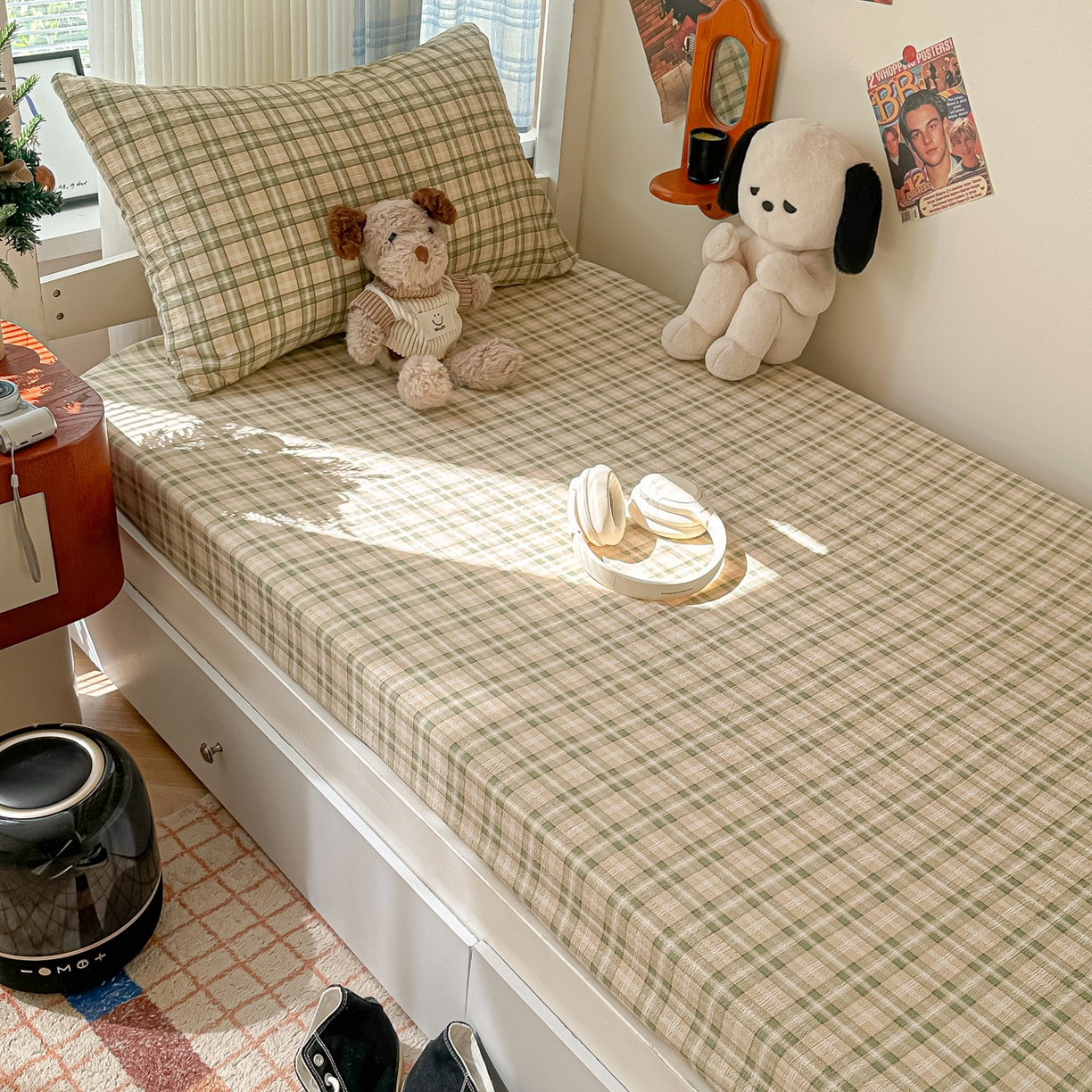 91家纺网 家纺一手货源 找家纺 韩巢家纺 2025新款上下铺双层纱学生宿舍寝室格子复古风床笠单件高低床防滑床单床套 松野