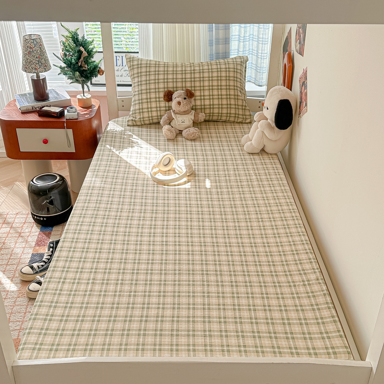 91家纺网 家纺一手货源 找家纺 韩巢家纺 2025新款上下铺双层纱学生宿舍寝室格子复古风床笠单件高低床防滑床单床套 松野