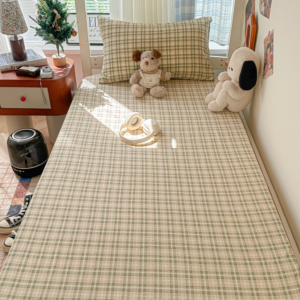 91家纺网 家纺一手货源 找家纺 韩巢家纺 2025新款上下铺双层纱学生宿舍寝室格子复古风床笠单件高低床防滑床单床套 松野