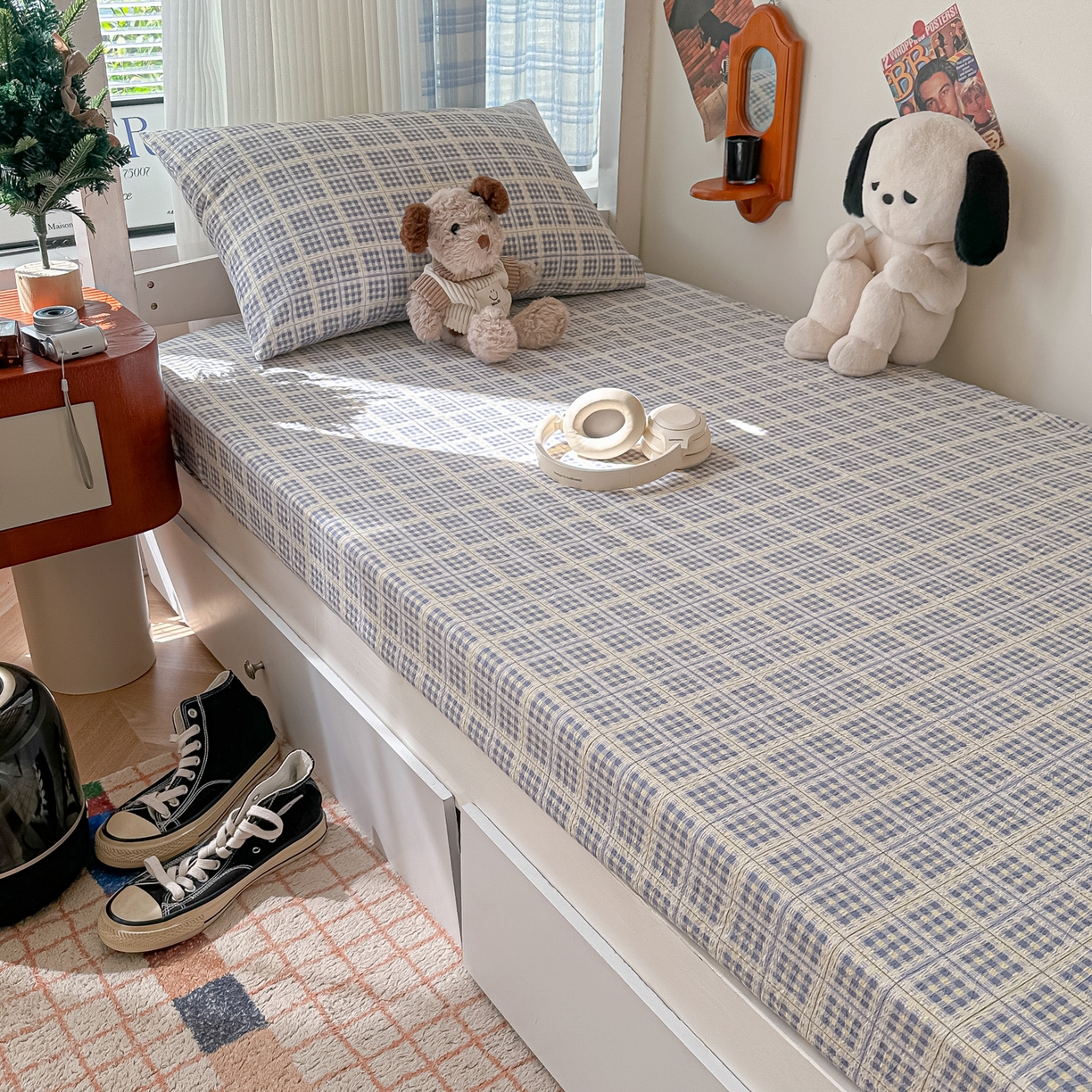 91家纺网 家纺一手货源 找家纺 韩巢家纺 2025新款上下铺双层纱学生宿舍寝室格子复古风床笠单件高低床防滑床单床套 银河