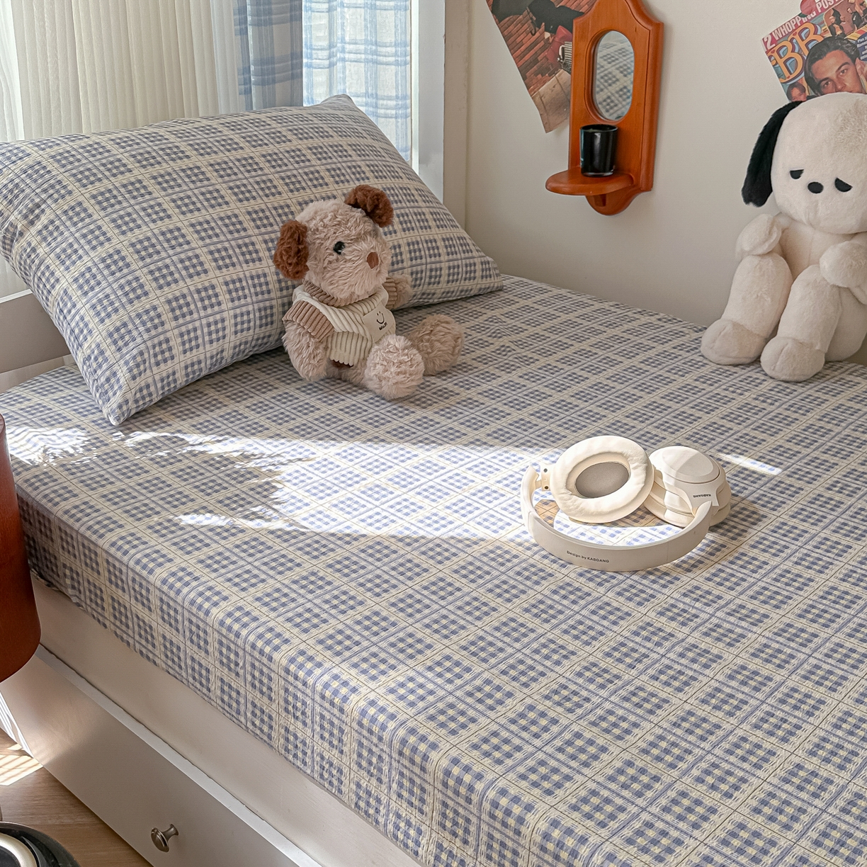 91家纺网 家纺一手货源 找家纺 韩巢家纺 2025新款上下铺双层纱学生宿舍寝室格子复古风床笠单件高低床防滑床单床套 银河