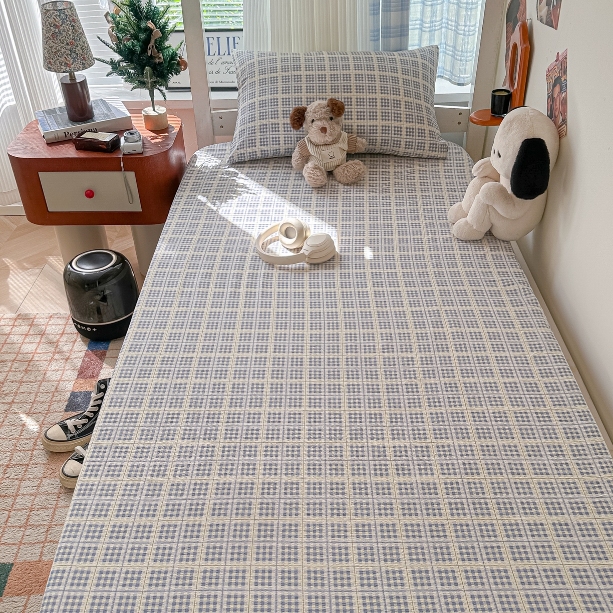 91家纺网 家纺一手货源 找家纺 韩巢家纺 2025新款上下铺双层纱学生宿舍寝室格子复古风床笠单件高低床防滑床单床套 银河