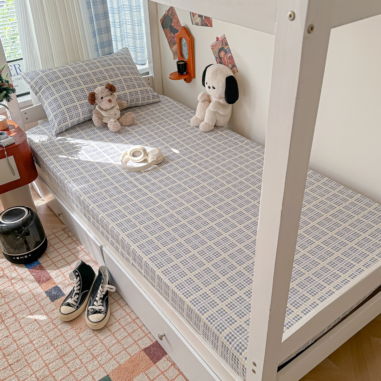 91家纺网 家纺一手货源 找家纺 韩巢家纺 2025新款上下铺双层纱学生宿舍寝室格子复古风床笠单件高低床防滑床单床套 银河