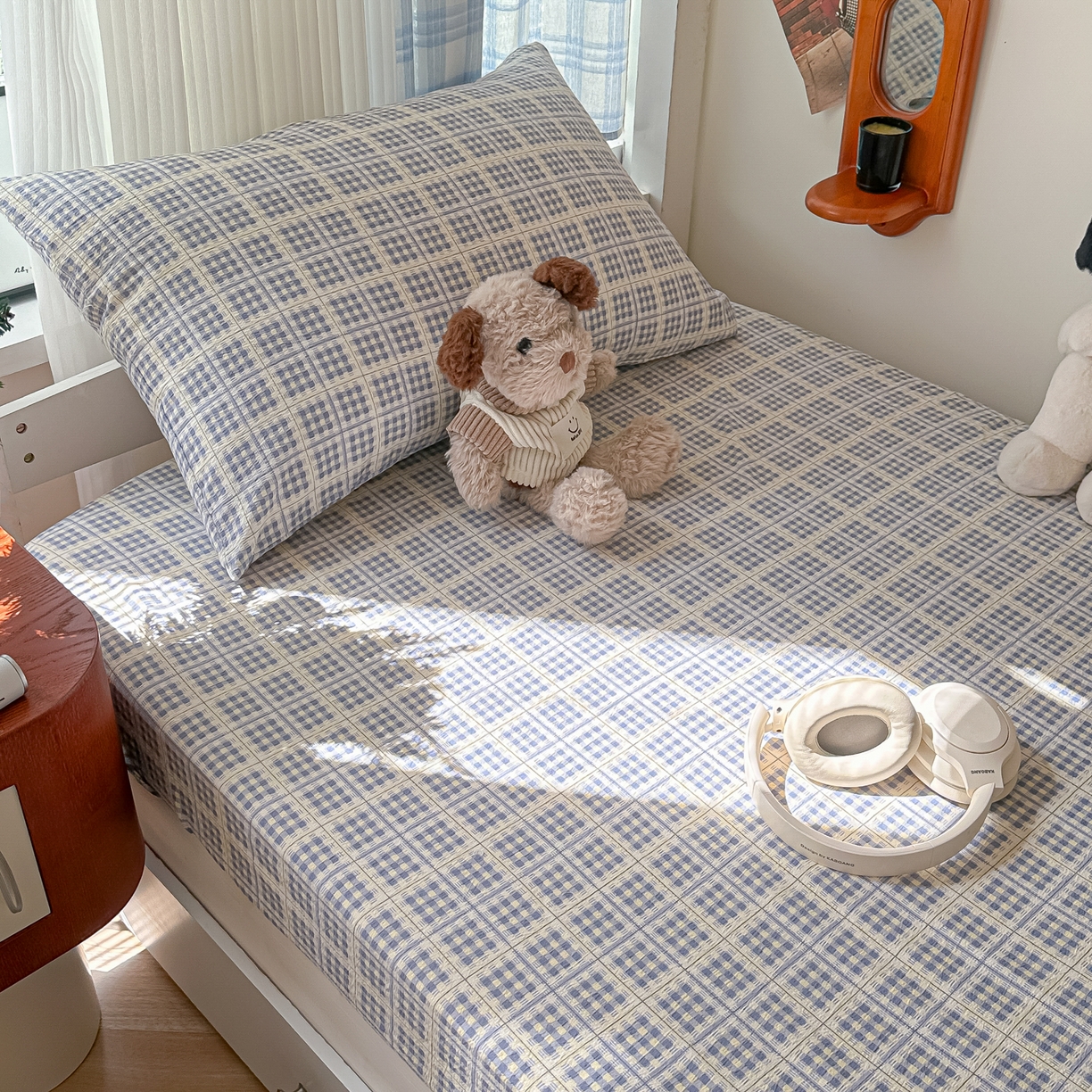 91家纺网 家纺一手货源 找家纺 韩巢家纺 2025新款上下铺双层纱学生宿舍寝室格子复古风床笠单件高低床防滑床单床套 银河