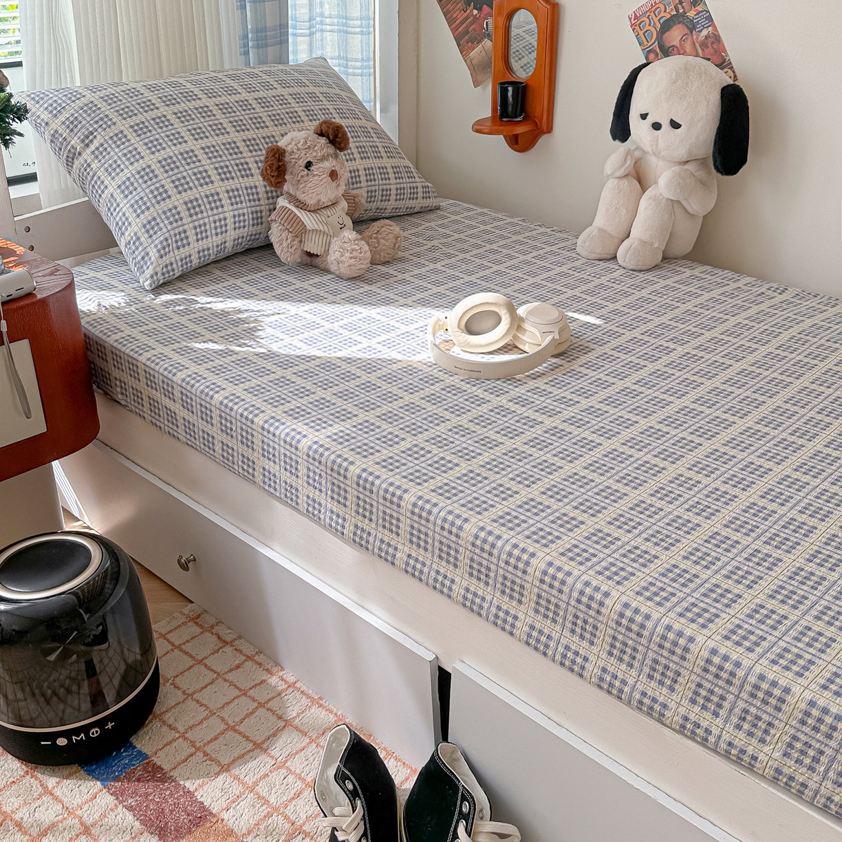 91家纺网 家纺一手货源 找家纺 韩巢家纺 2025新款上下铺双层纱学生宿舍寝室格子复古风床笠单件高低床防滑床单床套 银河