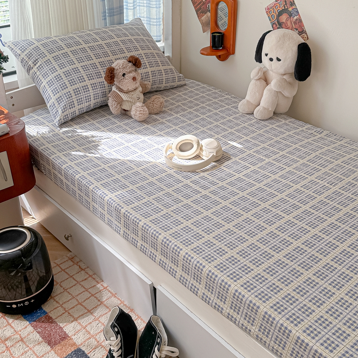 91家纺网 家纺一手货源 找家纺 韩巢家纺 2025新款上下铺双层纱学生宿舍寝室格子复古风床笠单件高低床防滑床单床套 银河