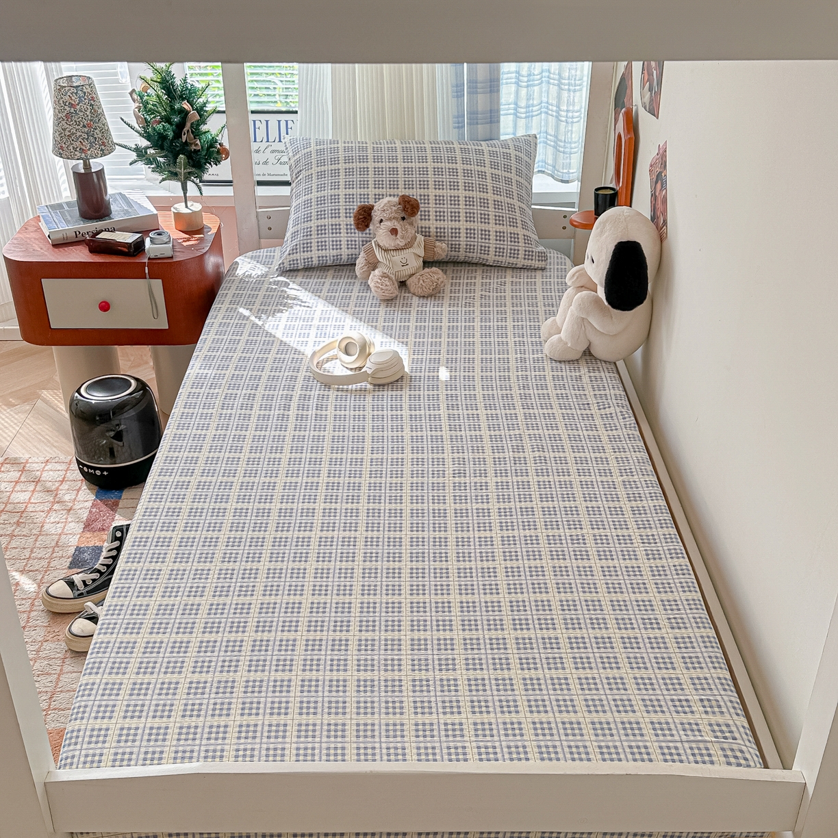 91家纺网 家纺一手货源 找家纺 韩巢家纺 2025新款上下铺双层纱学生宿舍寝室格子复古风床笠单件高低床防滑床单床套 银河