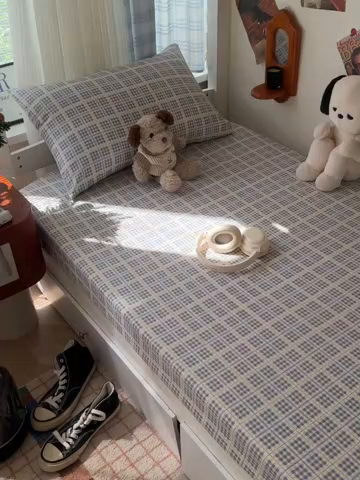 91家纺网 家纺一手货源 找家纺 韩巢家纺 2025新款上下铺双层纱学生宿舍寝室格子复古风床笠单件高低床防滑床单床套 银河