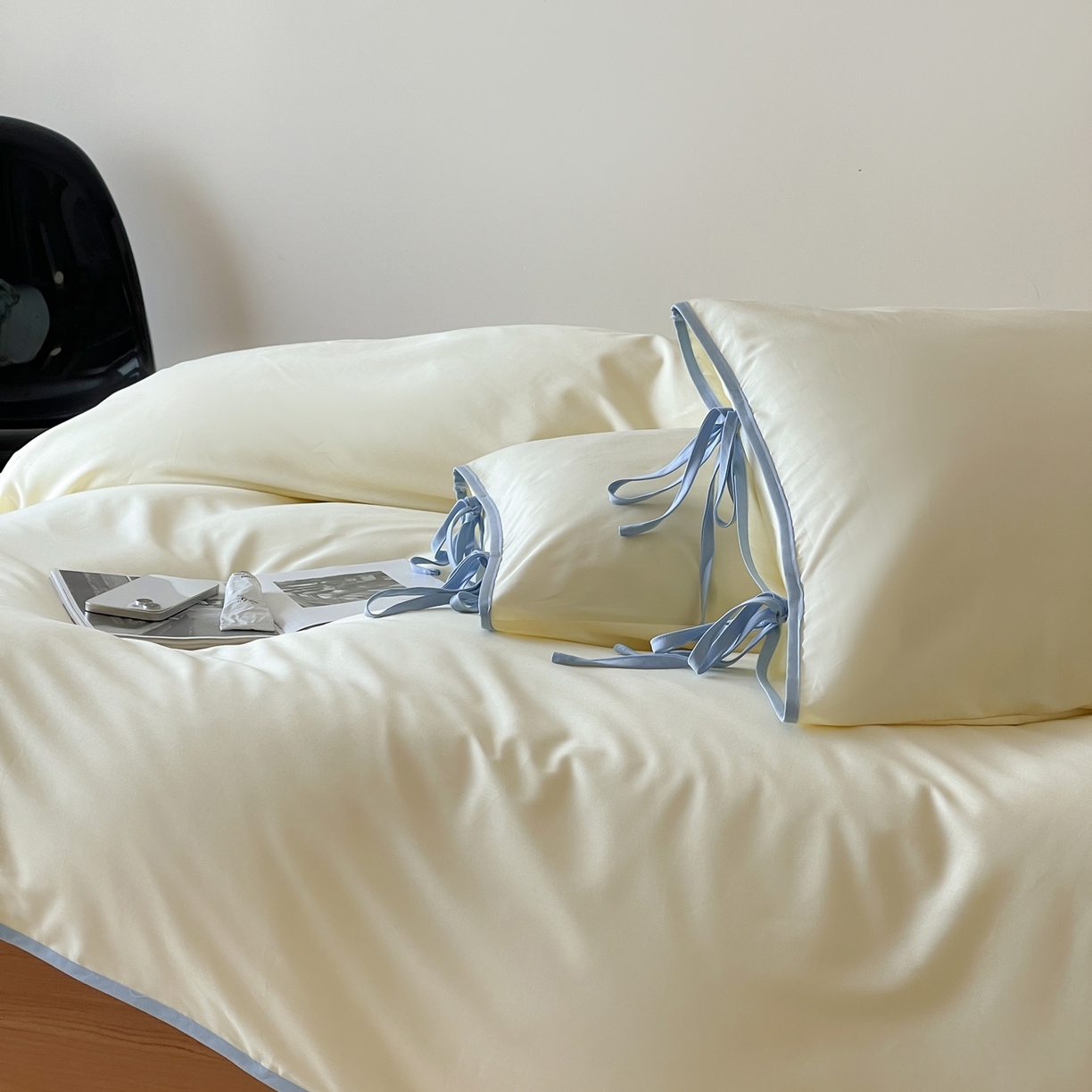 91家纺网 家纺一手货源 找家纺 尺素 2025新款纯色纯棉简约韩式ins风四件套民宿风全棉被套棉床单双人被套加大床单1.8纯色床笠 奶油-芝士