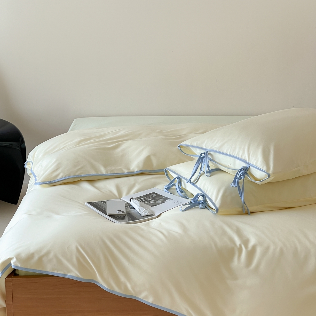 91家纺网 家纺一手货源 找家纺 尺素 2025新款纯色纯棉简约韩式ins风四件套民宿风全棉被套棉床单双人被套加大床单1.8纯色床笠 奶油-芝士