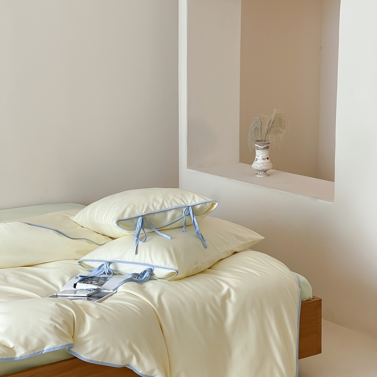 91家纺网 家纺一手货源 找家纺 尺素 2025新款纯色纯棉简约韩式ins风四件套民宿风全棉被套棉床单双人被套加大床单1.8纯色床笠 奶油-芝士