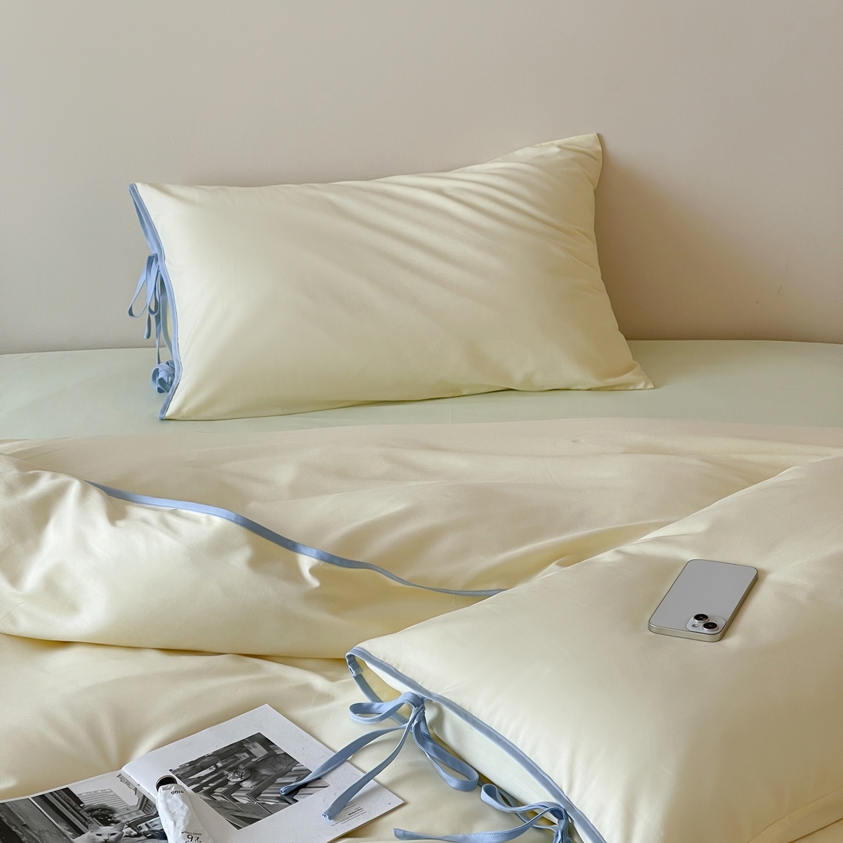 91家纺网 家纺一手货源 找家纺 尺素 2025新款纯色纯棉简约韩式ins风四件套民宿风全棉被套棉床单双人被套加大床单1.8纯色床笠 奶油-芝士