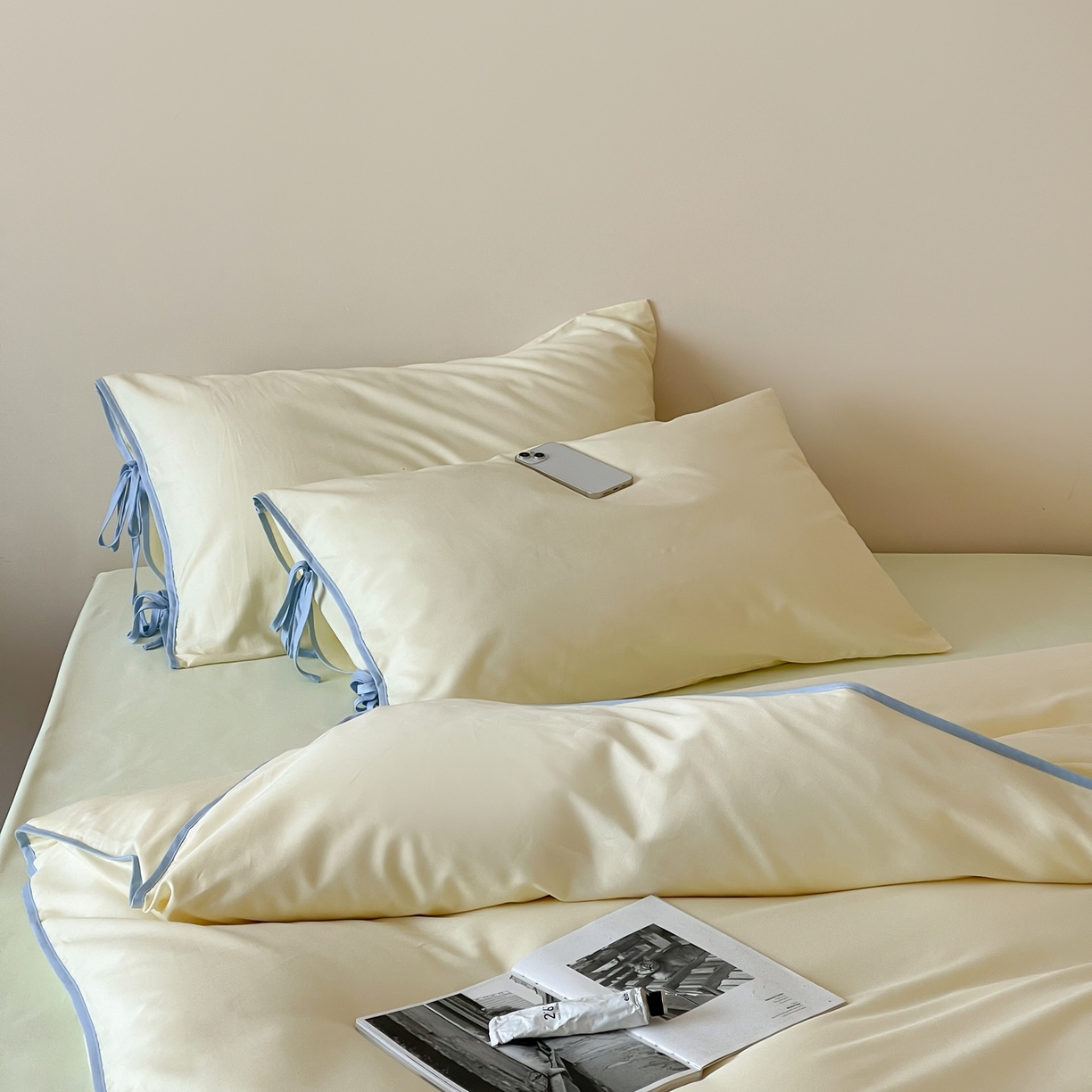 91家纺网 家纺一手货源 找家纺 尺素 2025新款纯色纯棉简约韩式ins风四件套民宿风全棉被套棉床单双人被套加大床单1.8纯色床笠 奶油-芝士