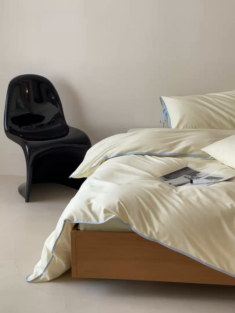 91家纺网 家纺一手货源 找家纺 尺素 2025新款纯色纯棉简约韩式ins风四件套民宿风全棉被套棉床单双人被套加大床单1.8纯色床笠 奶油-芝士