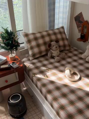 91家纺网 家纺一手货源 找家纺 韩巢家纺 2025新款上下铺双层纱学生宿舍寝室格子复古风床笠单件高低床防滑床单床套 葵野