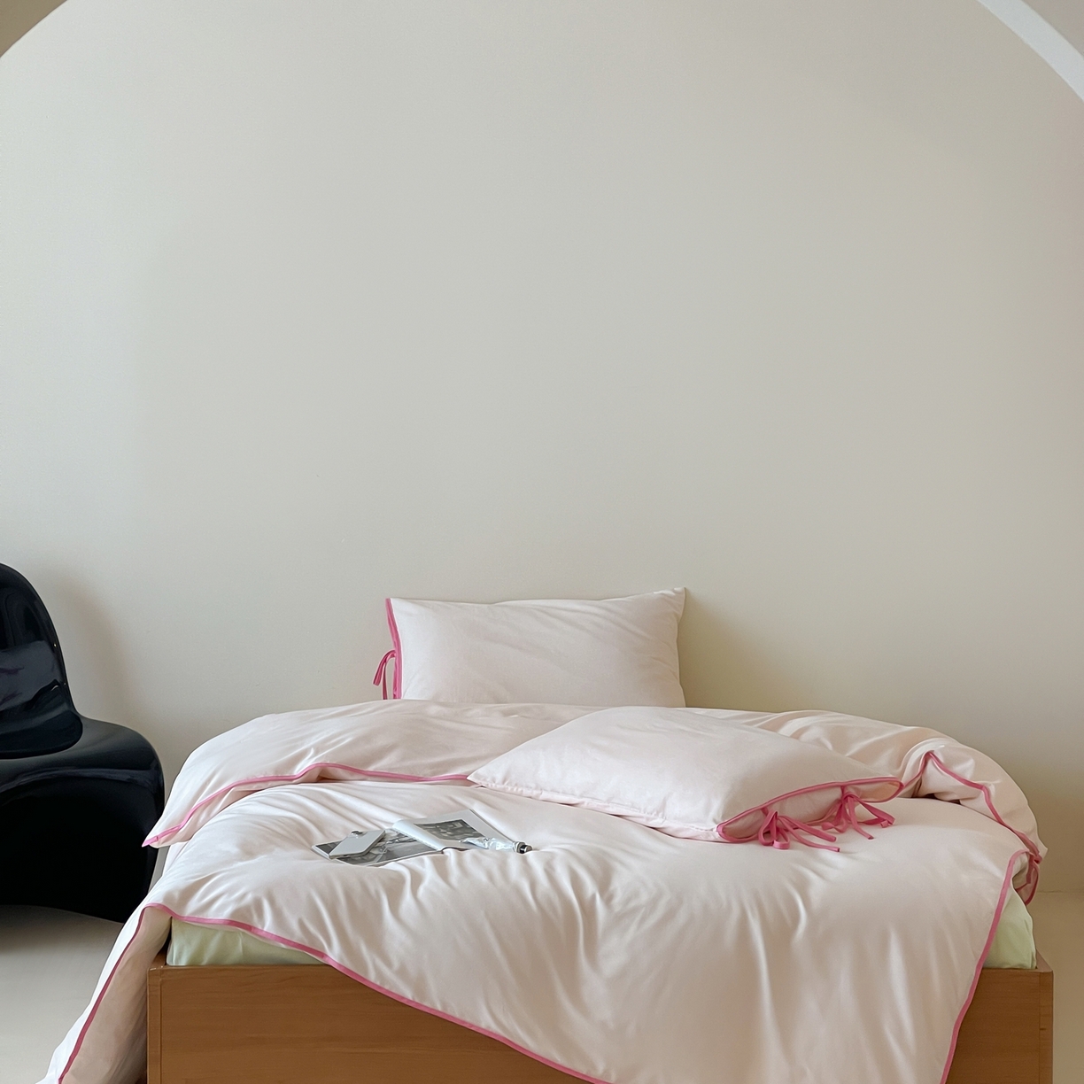 91家纺网 家纺一手货源 找家纺 尺素 2025新款纯色纯棉简约韩式ins风四件套民宿风全棉被套棉床单双人被套加大床单1.8纯色床笠 蔷薇-蜜瓜绿