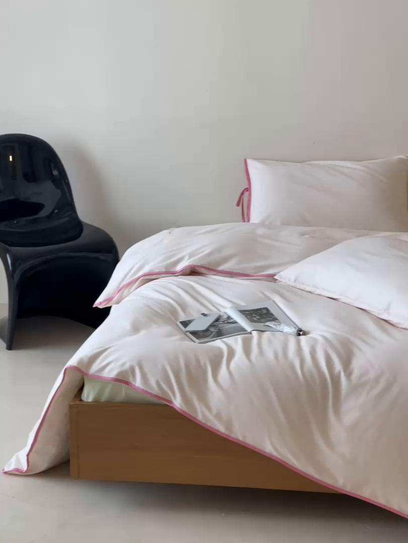 91家纺网 家纺一手货源 找家纺 尺素 2025新款纯色纯棉简约韩式ins风四件套民宿风全棉被套棉床单双人被套加大床单1.8纯色床笠 蔷薇-蜜瓜绿