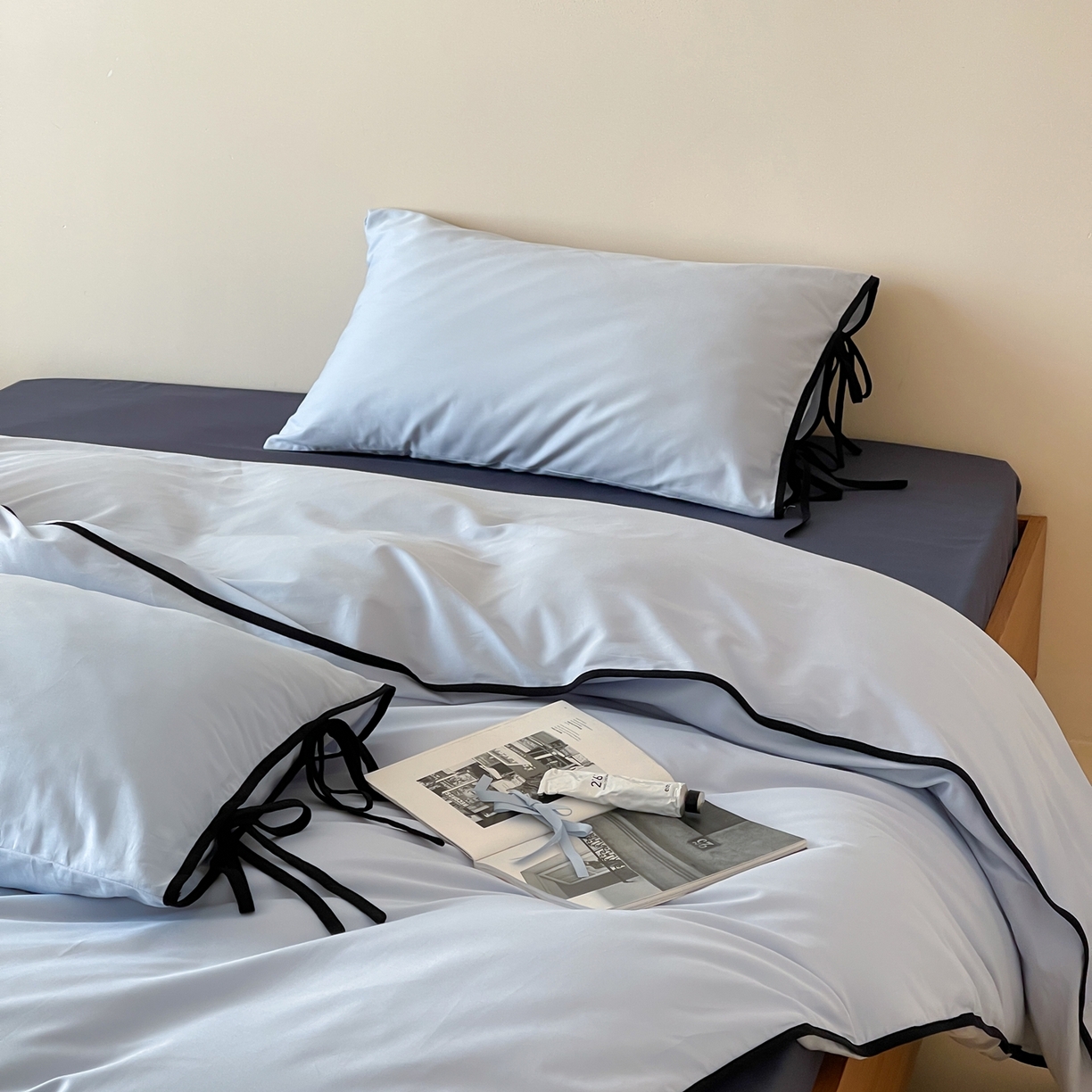 尺素 2025新款纯色纯棉简约韩式ins风四件套民宿风全棉被套棉床单双人被套加大床单1.8纯色床笠 夏至-藏青