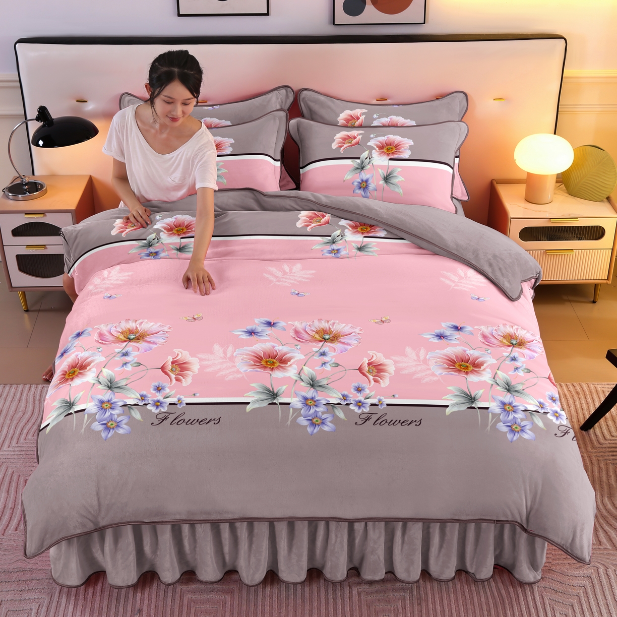 启扬 2025直播爆款新款8.5斤加厚高克重牛奶绒四件套床裙款法莱绒宝宝绒金貂绒 花颜