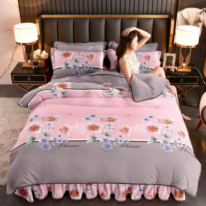 91家纺网 家纺一手货源 找家纺 启扬 2025直播爆款新款8.5斤加厚高克重牛奶绒四件套床裙款法莱绒宝宝绒金貂绒 花颜