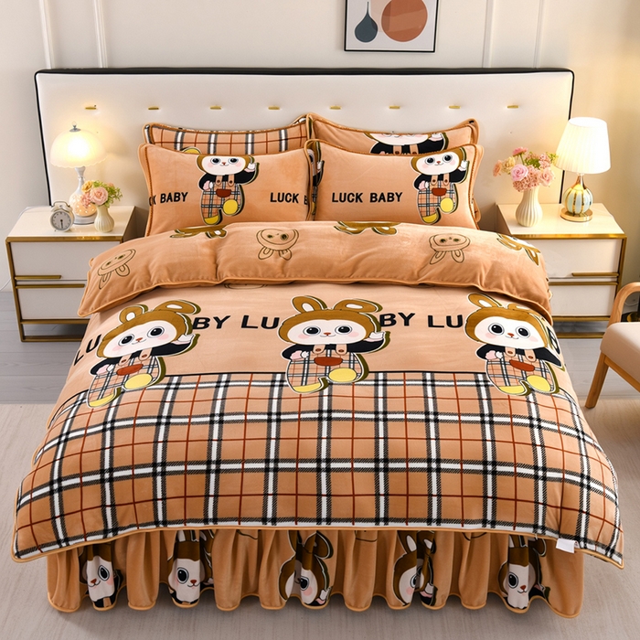 91家纺网 家纺一手货源 找家纺 绒品壹家 2025新款电商直播爆款高克重7斤牛奶绒金貂绒印花床裙款三件套四件套 宝莉格