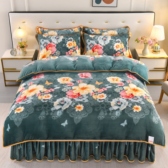 91家纺网 家纺一手货源 找家纺 绒品壹家 2025新款电商直播爆款高克重7斤牛奶绒金貂绒印花床裙款三件套四件套 繁花似锦