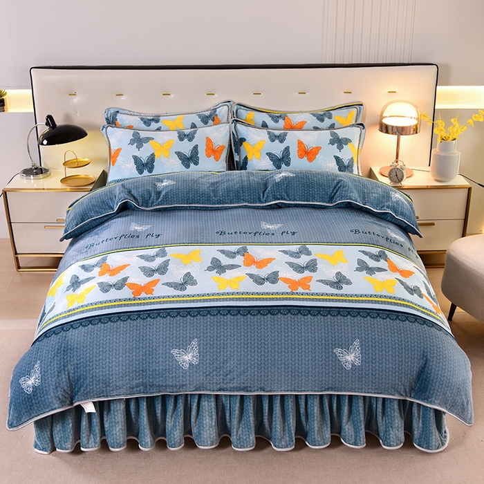 91家纺网 家纺一手货源 找家纺 绒品壹家 2025新款电商直播爆款高克重7斤牛奶绒金貂绒印花床裙款三件套四件套 福蝶纷菲