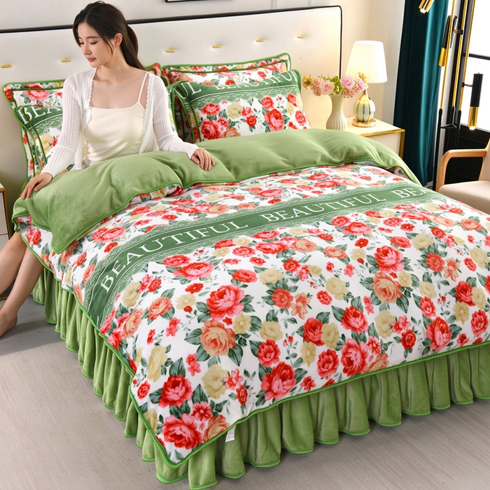 绒品壹家 2025新款电商直播爆款高克重7斤牛奶绒金貂绒印花床裙款三件套四件套 花的海洋