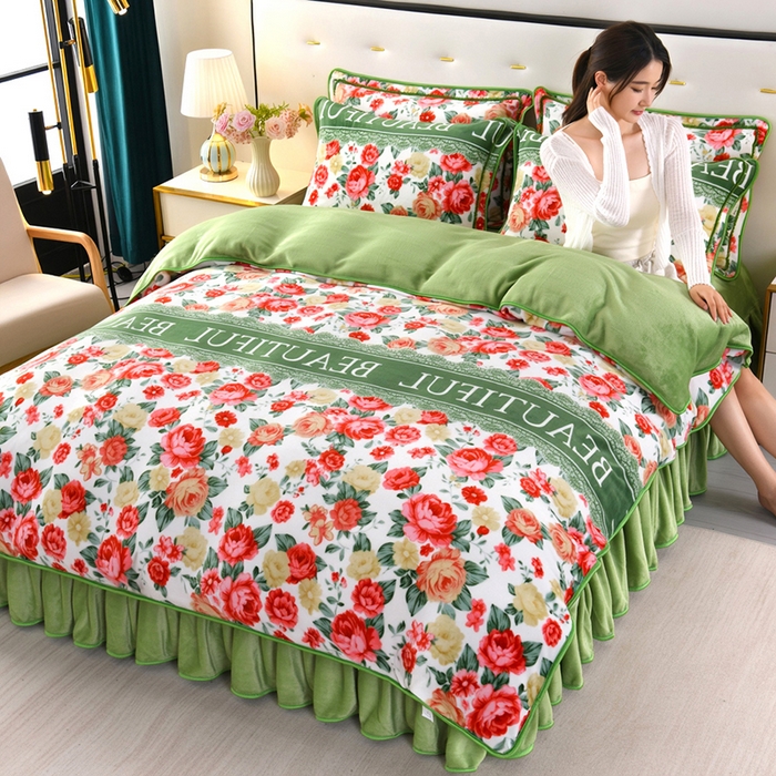 91家纺网 家纺一手货源 找家纺 绒品壹家 2025新款电商直播爆款高克重7斤牛奶绒金貂绒印花床裙款三件套四件套 花的海洋