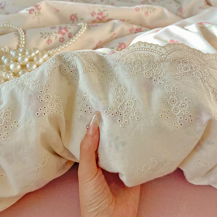 91家纺网 家纺一手货源 找家纺 海岛哥哥 2025新款韩式全棉蕾丝花边软绵绵四件套 爱玲说-红